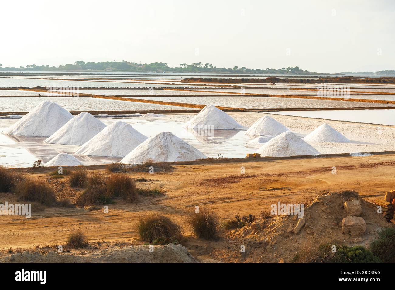 Piles of salt at salt flats, Saline Ettore e Infersa, Marsala, province of Trapani, Sicily, Italy, Mediterranean, Europe Stock Photo