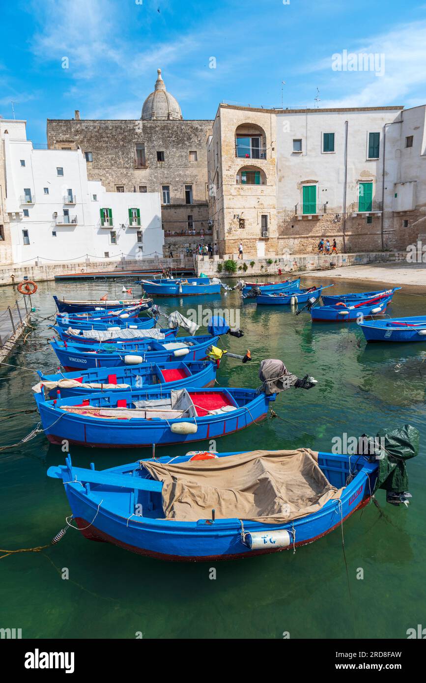 Rows of blue wooden boats in the water of the harbour of Monopoli old town, Monopoli, Bari province, Apulia, Italy, Europe Stock Photo