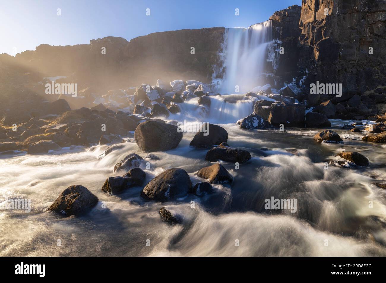 Oxararfoss waterfall at sunset during spring, Sudurland, Iceland, Polar Regions Stock Photo