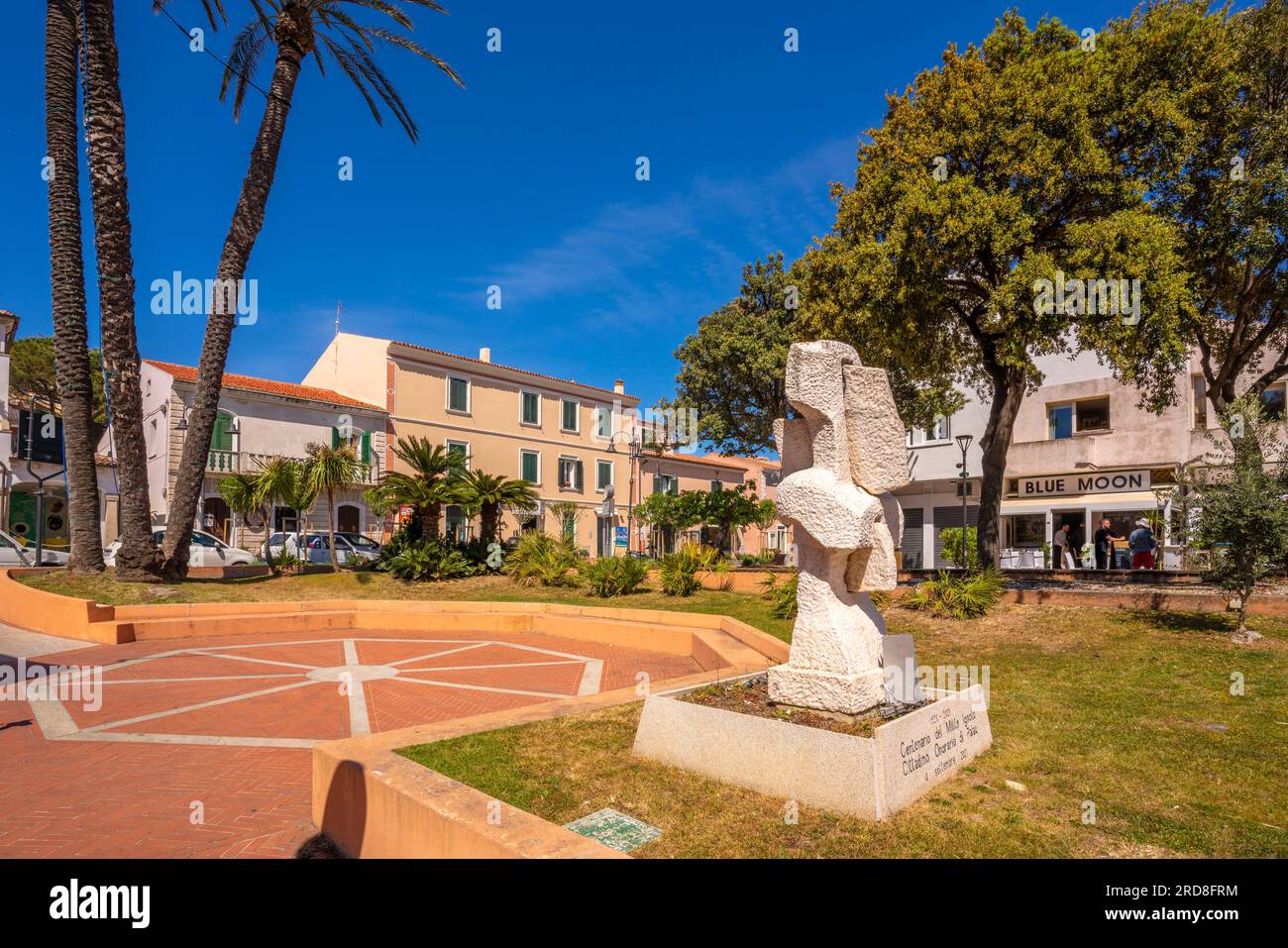 View of palm trees and cafes in Piazza due Palme, Palau, Sardinia, Italy, Mediterranean, Europe Stock Photo