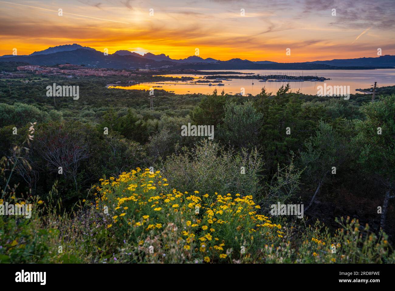 View of Melamar and mountainous backdrop at sunset, Sardinia, Italy, Mediterranean, Europe Stock Photo