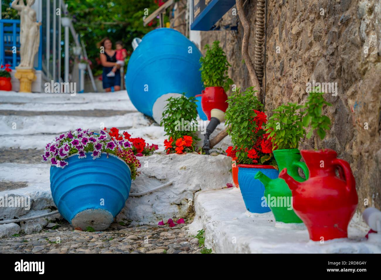 View of traditional colourful plant pots in Kos Town, Kos, Dodecanese, Greek Islands, Greece, Europe Stock Photo