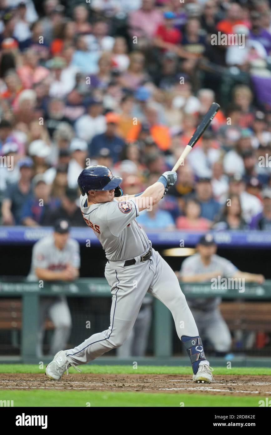 July 18 2023 Houston center fielder Jake Meyers (6) gets a hit during the  game with Houston Astros and Colorado Rockies held at Coors Field in Denver  Co. David Seelig/Cal Sport Medi(Credit