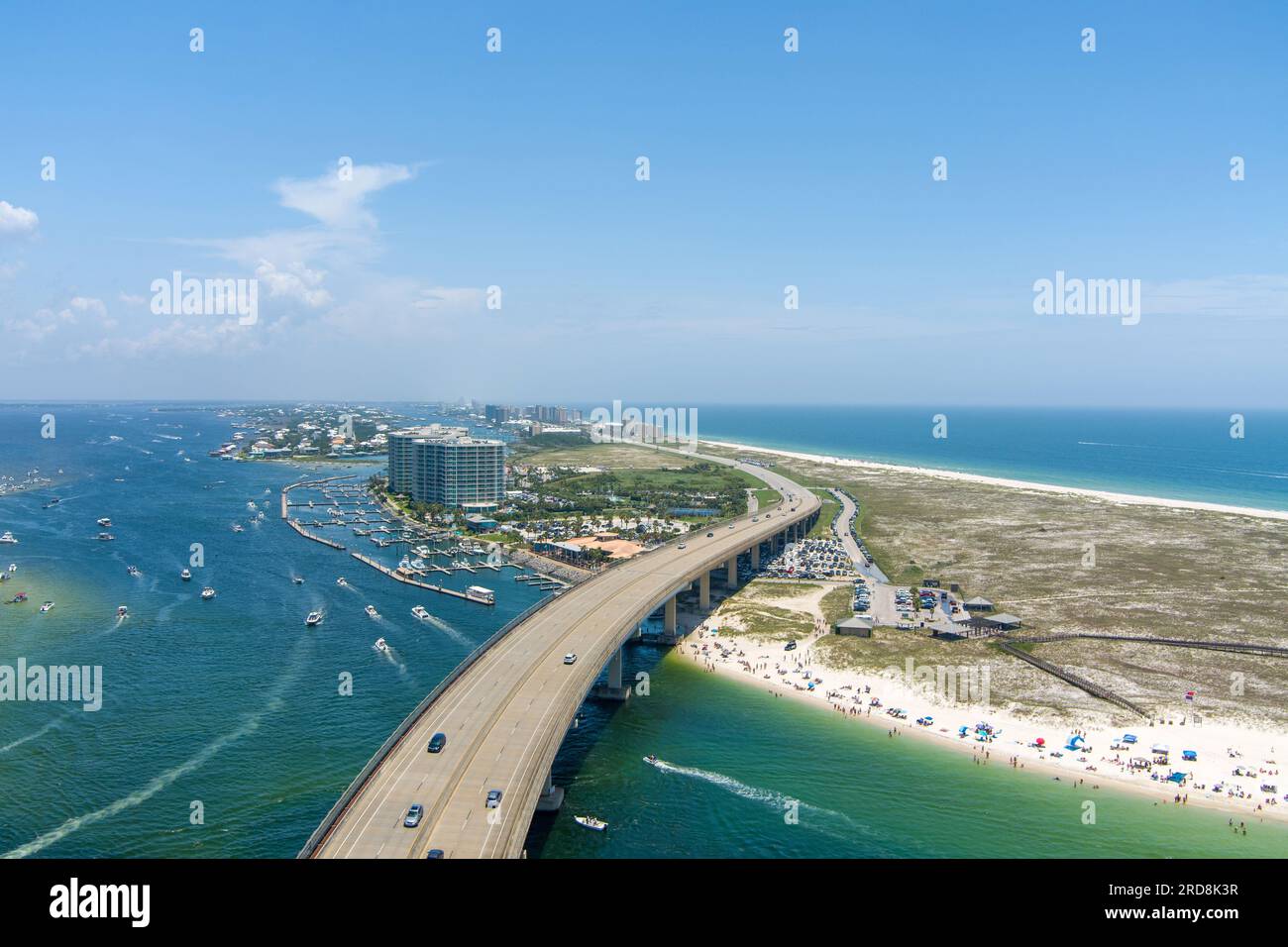 Aerial view of Perdido Pass bridge and the beach in Orange Beach