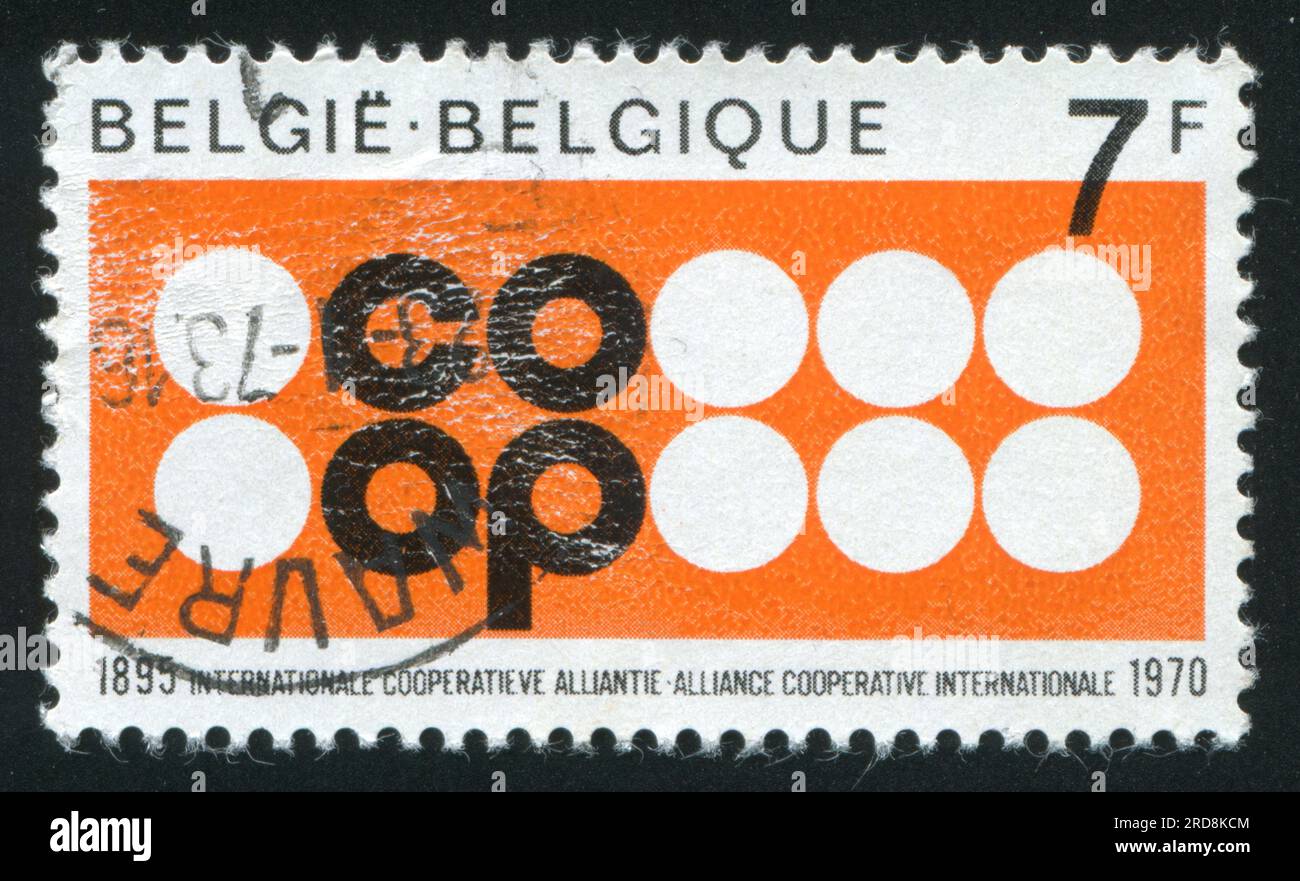 RUSSIA KALININGRAD, 20 OCTOBER 2015: stamp printed by Belgium, shows Cooperative Alliance Emblem, circa 1970 Stock Photo