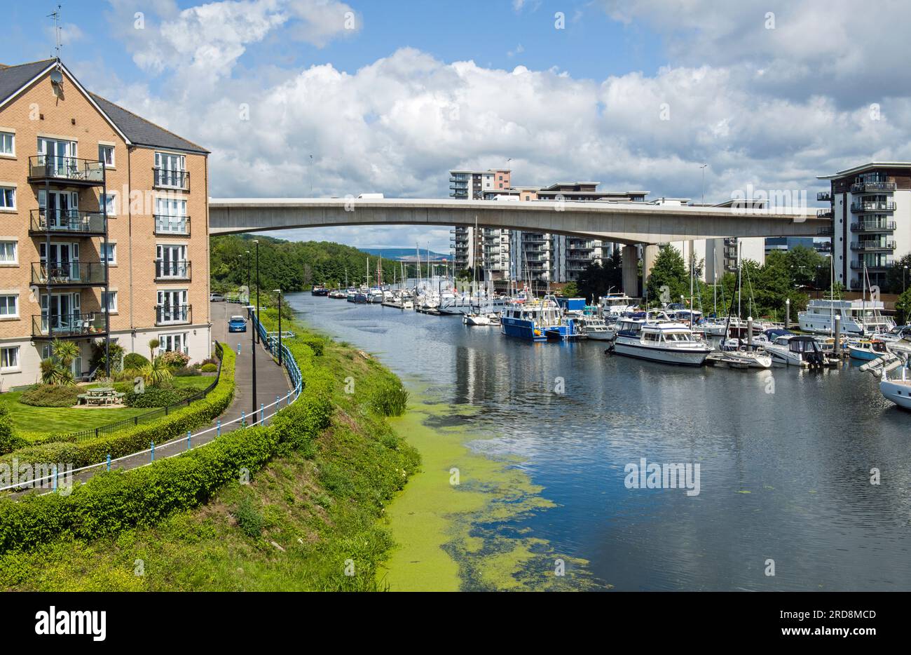 Entrance to River Ely and a Marina surrounded by high rise housing on the west side of Cardiff, Capital of Wales Stock Photo