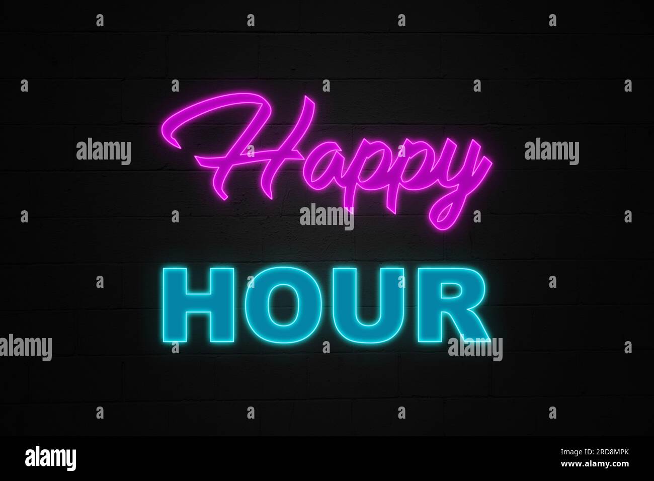 Neon light “Happy hour” designed in a eighties style Stock Photo