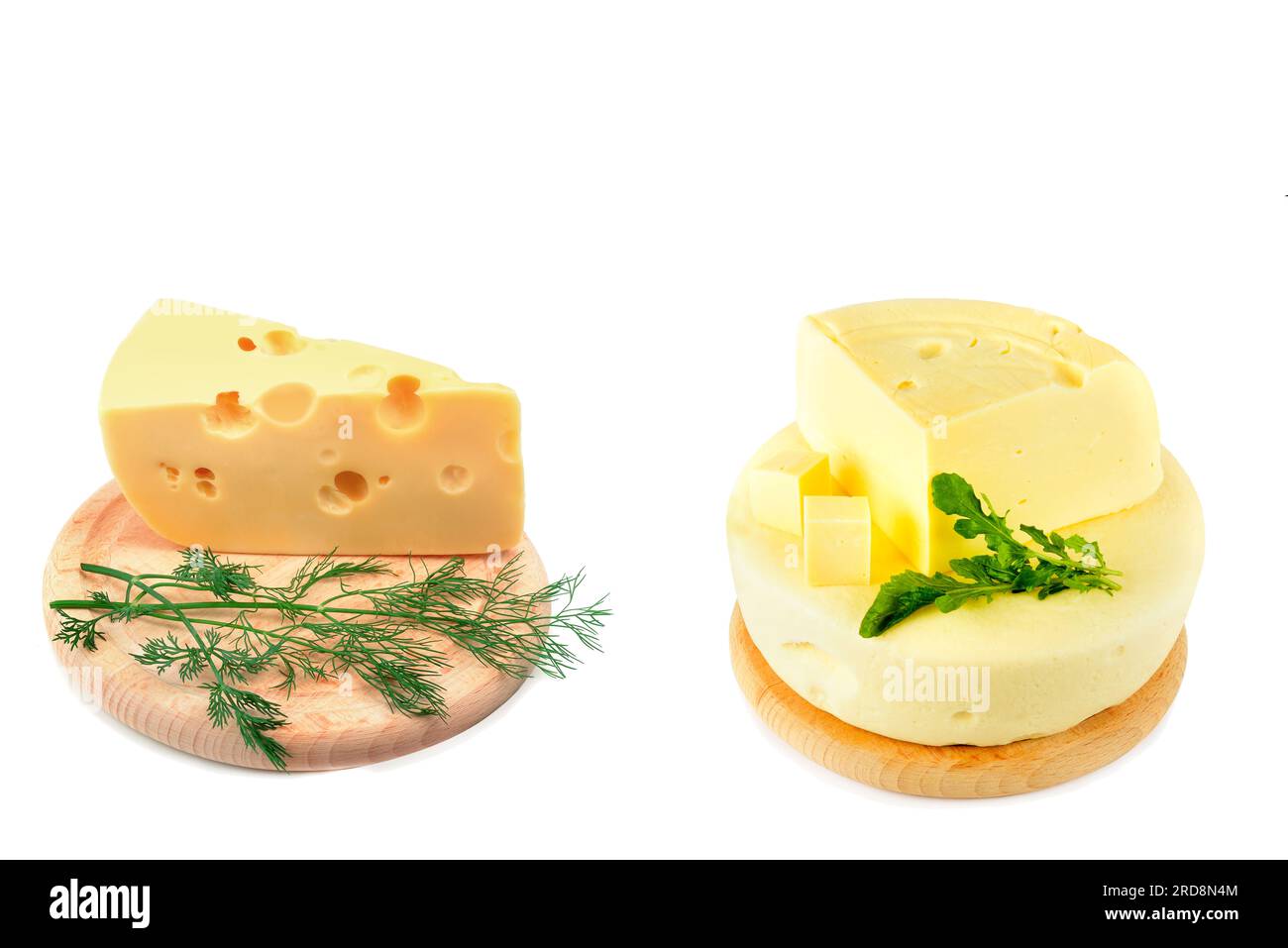 Cheese on a cheese board isolated on white background. Collage. Free space for text. Stock Photo