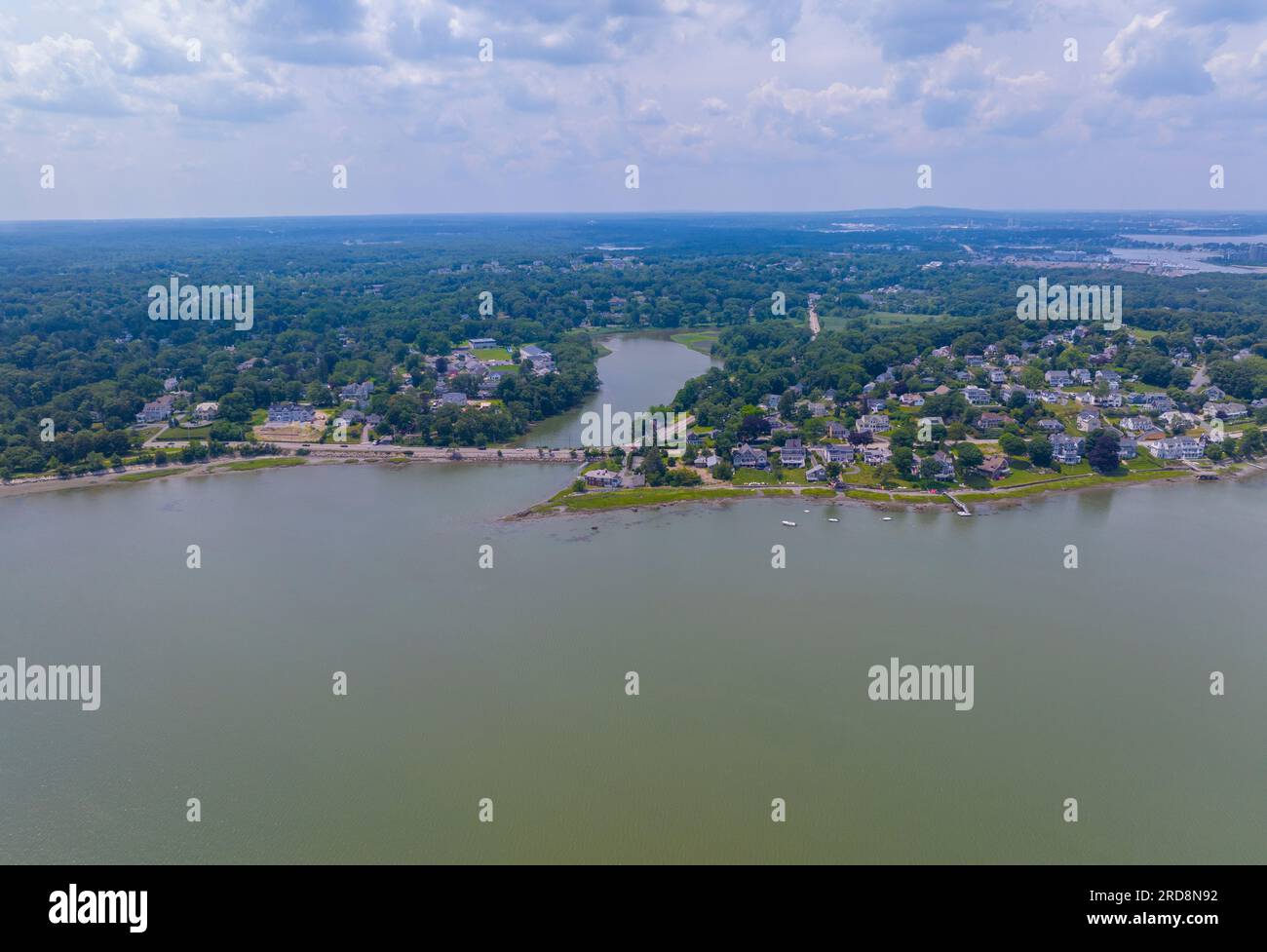Hingham Harbor aerial view including historic waterfront village and
