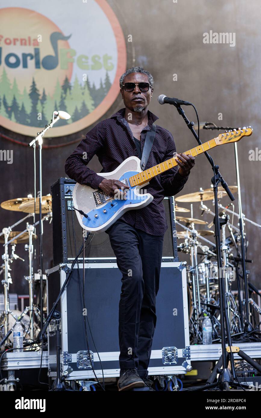 Grass Valley, United States. 15th July, 2023. California WorldFest Takes Place in Northern California During Western U.S. Heatwave. Jupiter & Okwess performs their blend of Congo rhythm, funk and rock. July 15, 2023 (Photo by Penny Collins/NurPhoto) Credit: NurPhoto SRL/Alamy Live News Stock Photo