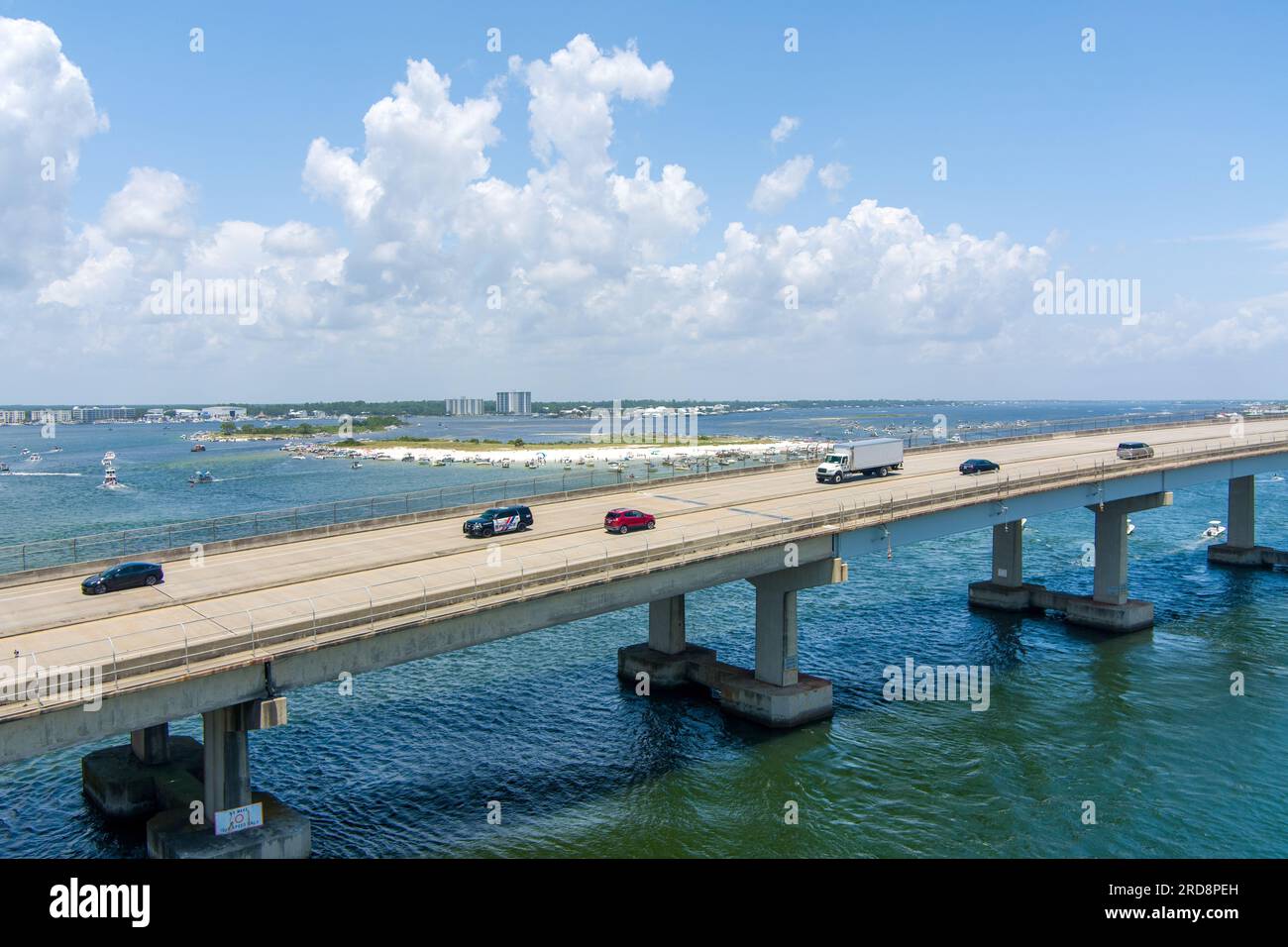 Aerial view of Perdido Pass bridge and the beach in Orange Beach