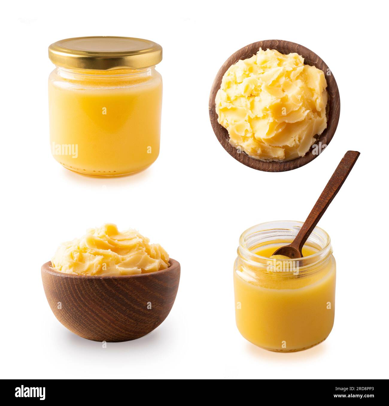 Clarified butter in jar and in wooden bowl, cooking oil, pure ghee