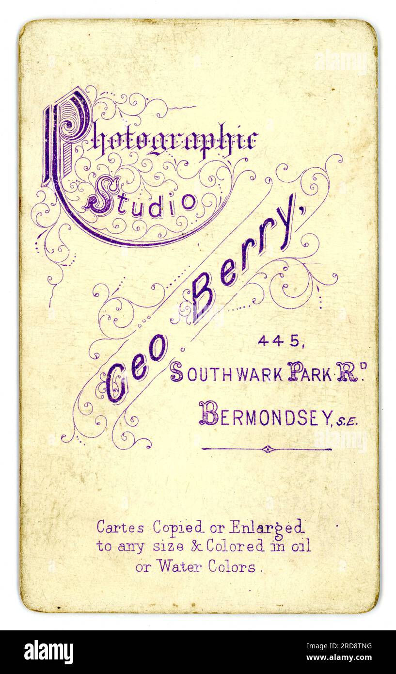Reverse of  original Victorian CDV  (carte de visite or visiting card) from the photographic studio of Geo (George) Berry, 445 Southwark Park Road, Bermondsey, S.E. London, U.K.  circa 1880 to 1886. Stock Photo