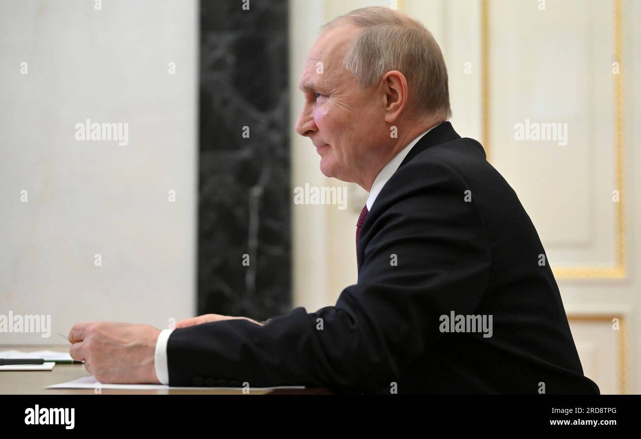 Moscow, Russia. 19th July, 2023. Russian President Vladimir Putin hosts a videoconference meeting with government officials from the Kremlin, July 19, 2023 in Moscow, Russia. Earlier in the day a Ukrainian rocket hit a Russian ammo depot at Starokrymsky military training base causing a huge fireball and reports of injuries. Credit: Alexander Kazakov/Kremlin Pool/Alamy Live News Stock Photo