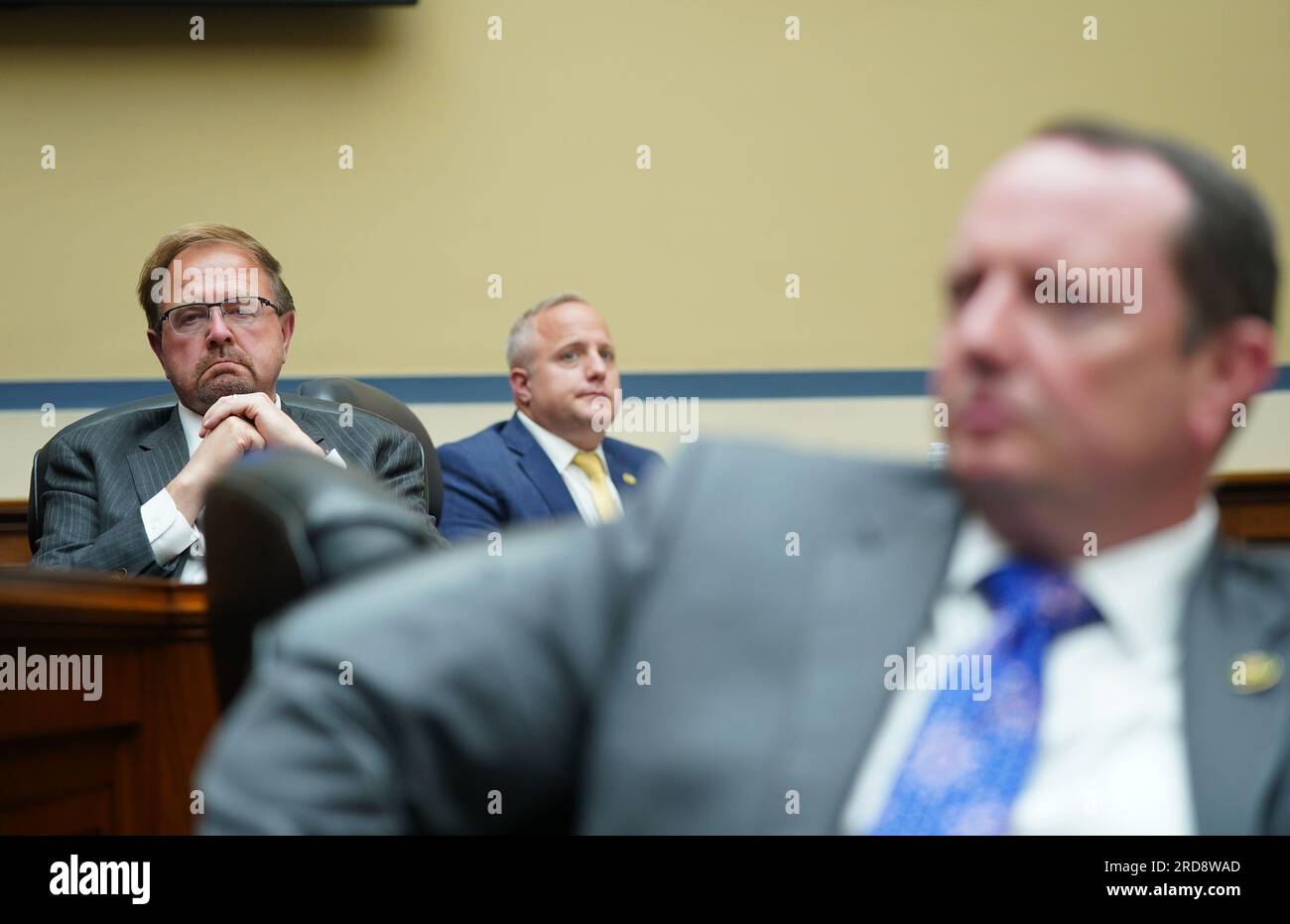 Washington, United States. 19th July, 2023. Rep. Eric Burlison, R-MO, (R), Rep. Chuck Edwards, R-NC, (L) and Rep. Russell Fry, R-SC, listen to testimony during a House Committee on Oversight and Accountability hearing with IRS whistleblowers about alleged misconduct by the Biden administration at the U.S. Capitol in Washington DC, on Wednesday, July 19, 2023. Photo by Bonnie Cash/UPI . Credit: UPI/Alamy Live News Stock Photo