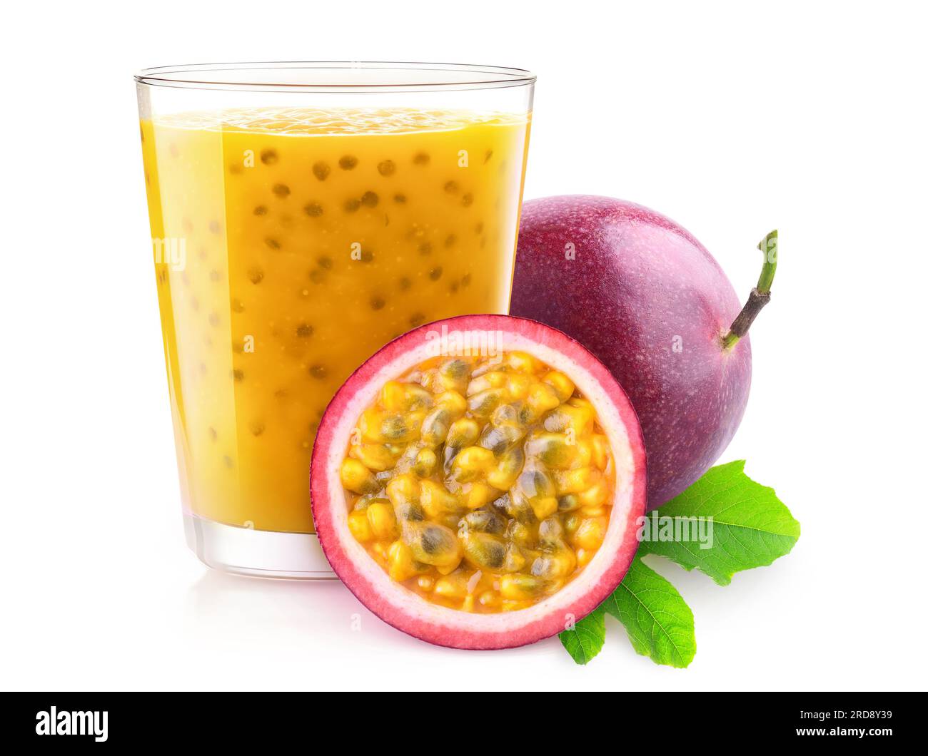 Glass of passion fruit drink and fresh fruits, isolated on white background Stock Photo