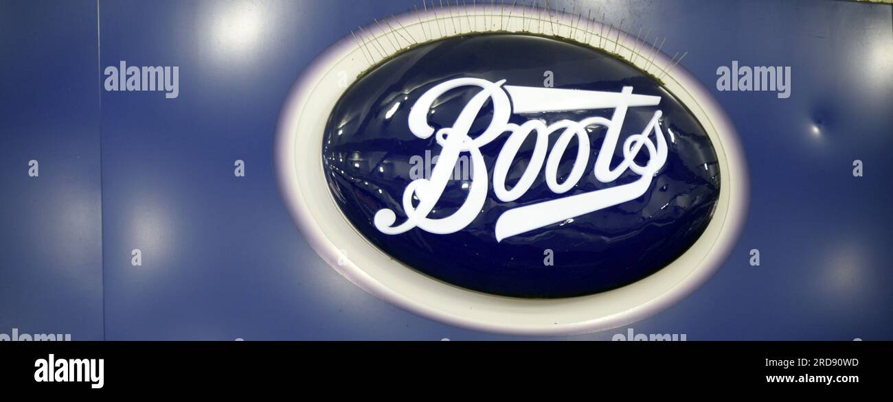 Sign at a branch of Boots shop or store in central Manchester, UK, in July, 2023 Stock Photo