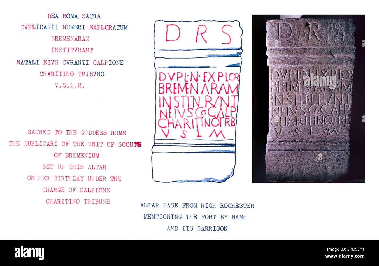 Description and translation of the altar base from High Rochester mentioning the fort by name Bremenium and its garrison. Bremenium - an ancient Roman fort (castrum) located at Rochester, Northumberland, England. The fort was one of the defensive structures built along Dere Street, a Roman road running from York to Corbridge and onwards to Melrose. Archival scan from a slide. May 1975. Stock Photo