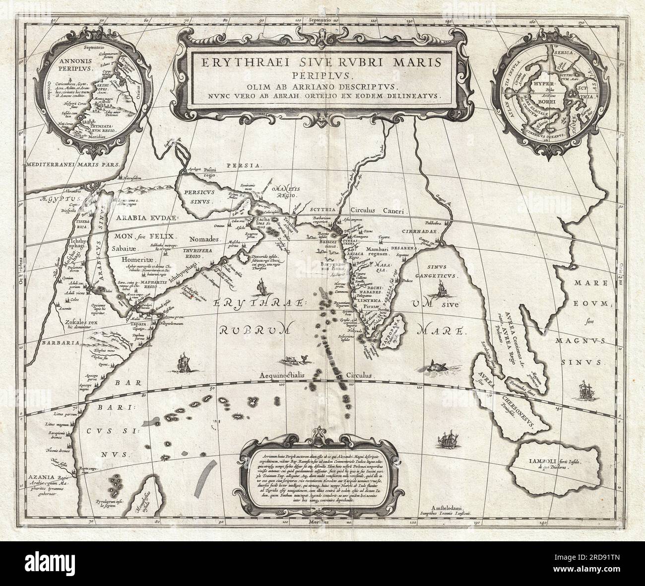 An unusual and attractive 1658 map of the Indian Ocean, or Erythraean Sea, as it was in antiquity. Composed by Jan Jansson after a similar 1597 map published by A. Ortelius in his Parergon . Covers from Egypt and the Nile valley eastward past Arabia and India, to Southeast Asia and Java. Cartographically, India, Arabia, and Africa roughly correspond to the conventions of the period. Southeast Asia is less recognizable, but the Malay Peninsula, Sumatra, and Java are clearly noted. Most of the place names used throughout are derived from Ptolemy, who himself based his description of the region h Stock Photo