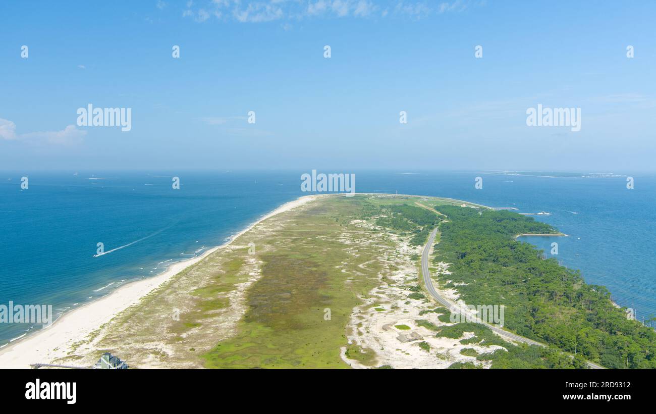 Aerial view of Mobile Bay and the Gulf of Mexico at Fort Morgan 