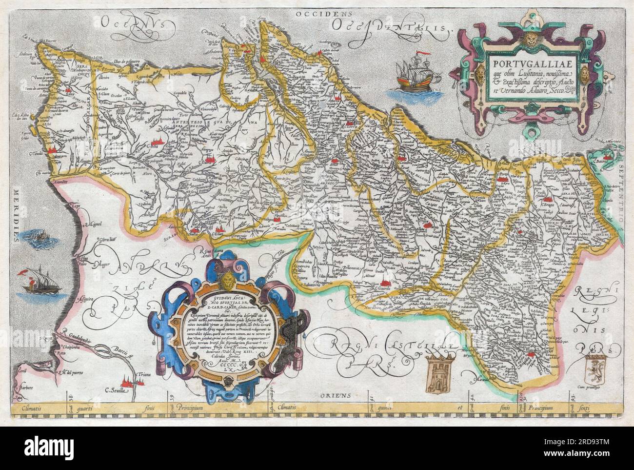 1579 Abraham Ortelius map of the Kingdom of Portugal. Follows the extremely rare two sheet Alavaraz Secco map published by Michele Tramezzino in 1561. North oriented to the right. Sea decorated with monsters and sailing ships. Bottom right features two hand drawn heraldic emblems. Features two elaborate cartouches in the top right and bottom left. Top right cartouche contains the map title in Latin, translated above. Bottom left cartouche include the following roughly translated text: Achilles Statius salutes Guido Ascanius Sfortia, S.R.E. Card. Camer. With dedication the Lusitania of Vernandu Stock Photo