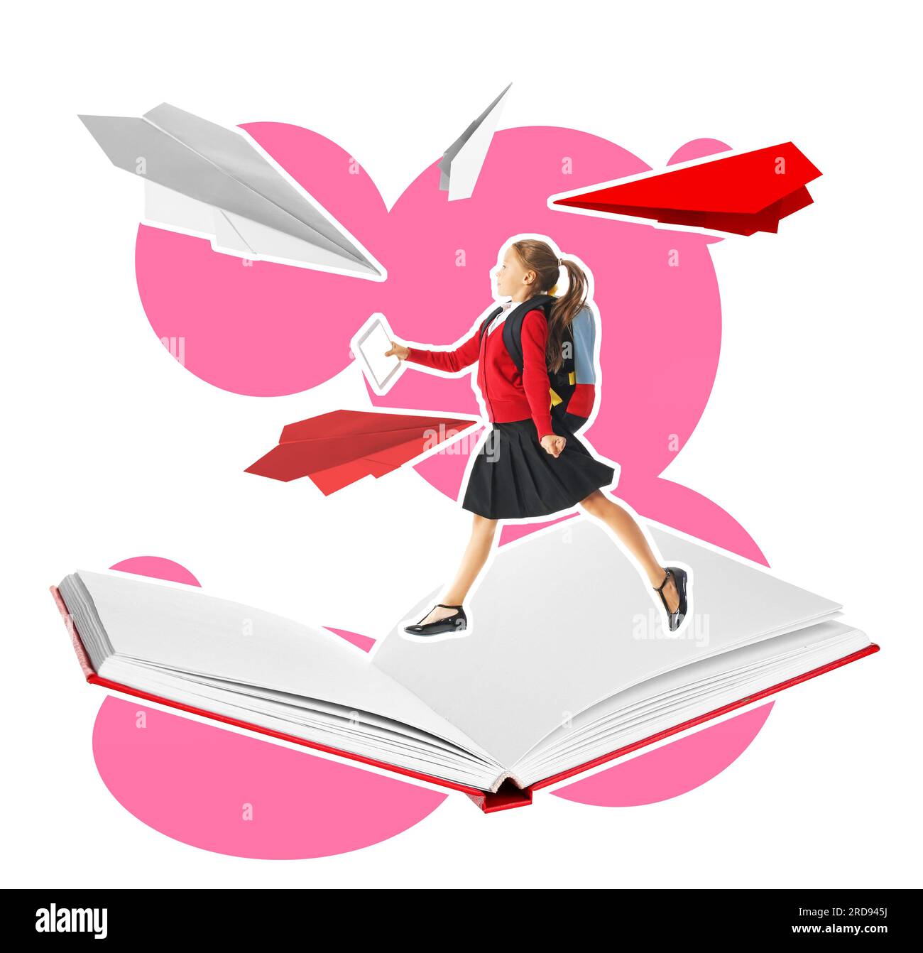 Collage with little schoolgirl, big book and paper planes on white background Stock Photo