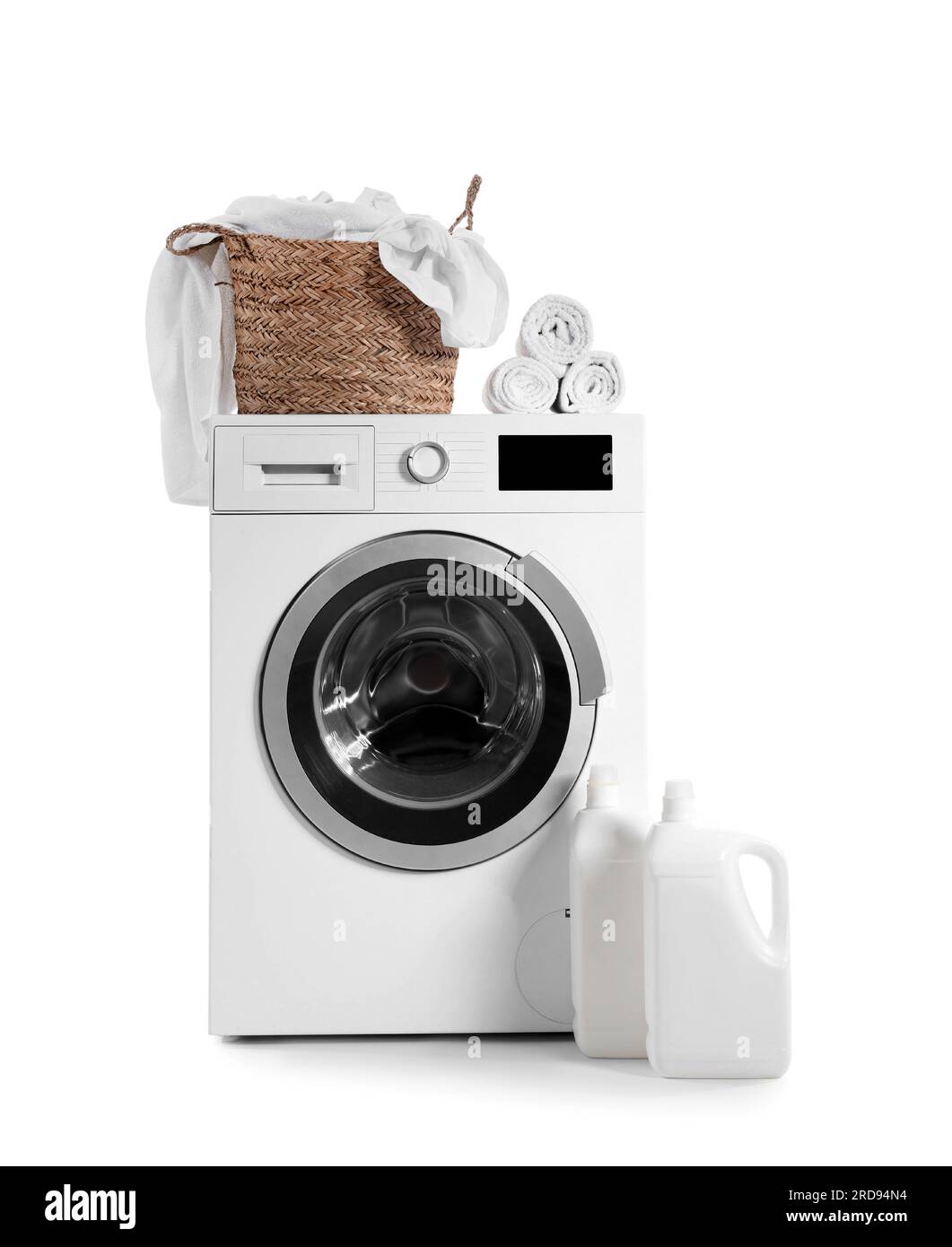 Washing machine, basket with dirty laundry and bottles of detergent