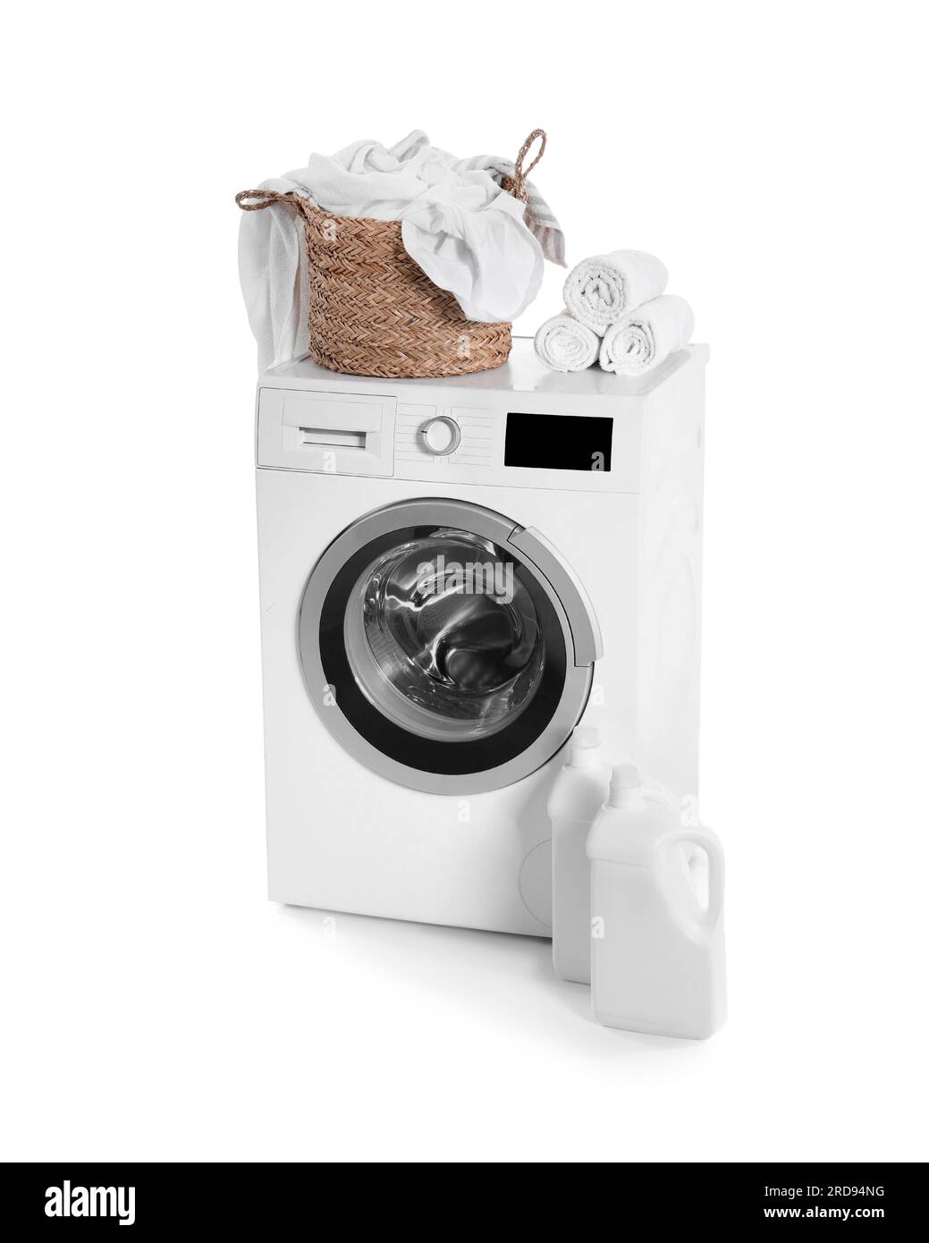 Washing machine, basket with dirty laundry and bottles of detergent