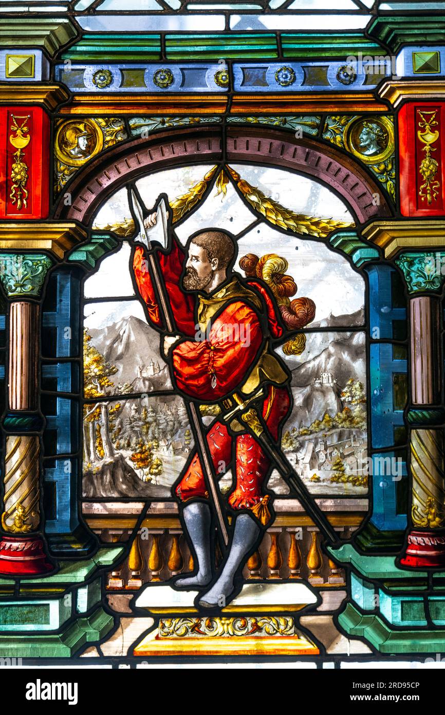 Stained glass window of the Small Armoury Room close-up, Peles Castle, Sinaia, Romania Stock Photo