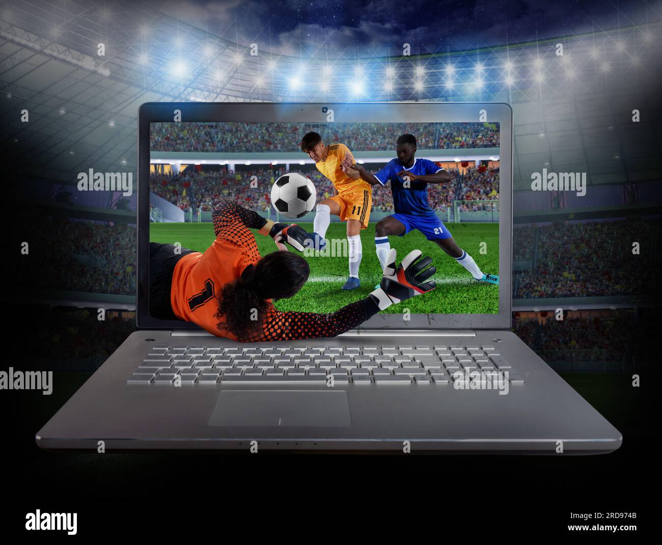 Live streaming of a soccer player match on a laptop Stock Photo