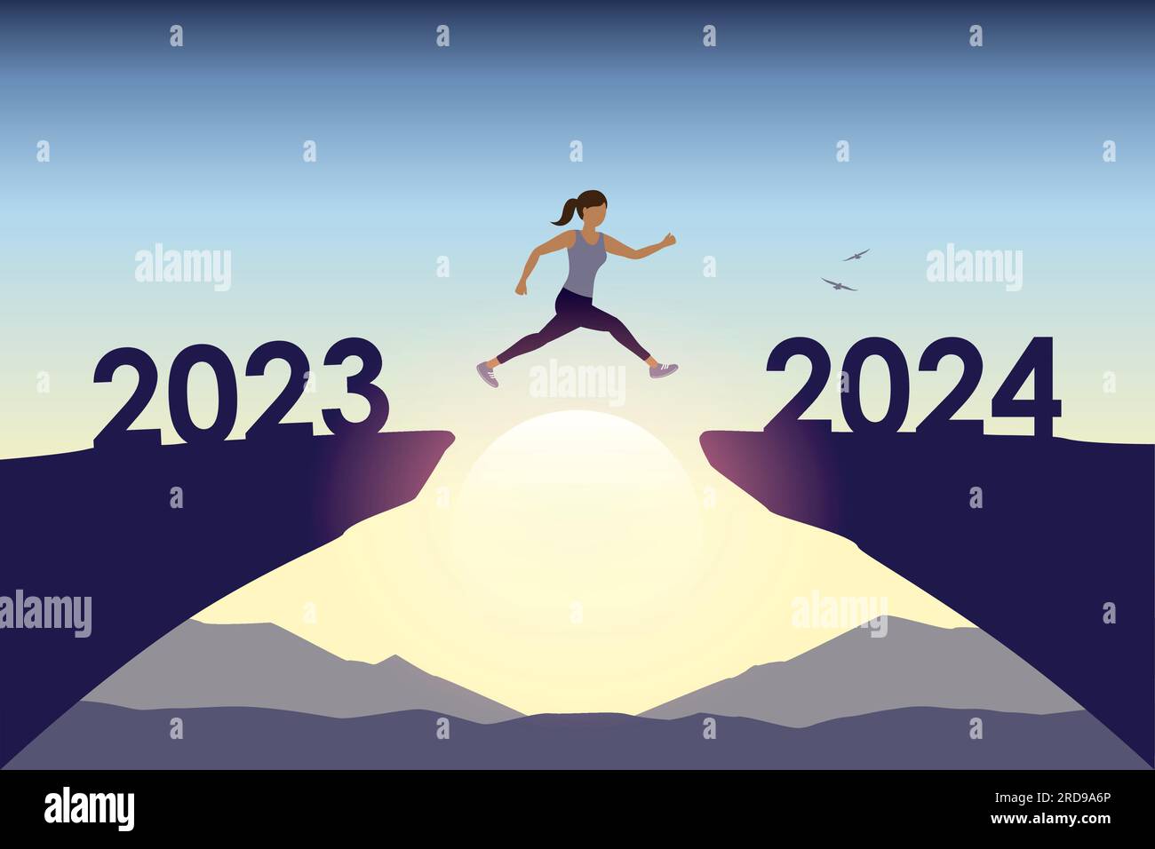 woman jumping over a cliff from 2023 to 2024 happy new year Stock