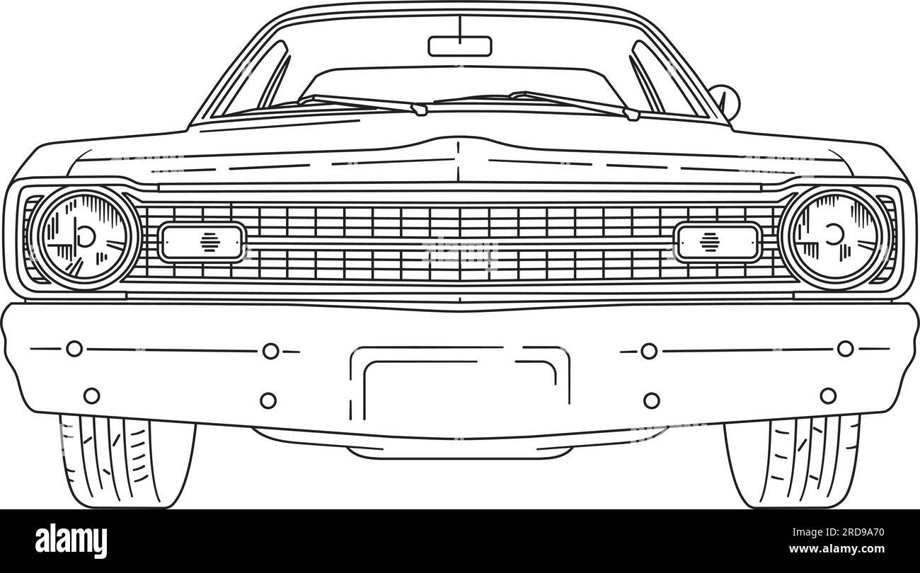 Vintage american muscle car line art frontal view vector illustration Stock Vector