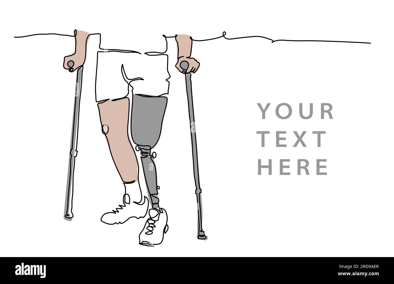 Person with prosthetic leg, artificial foot, limb use crutches. One