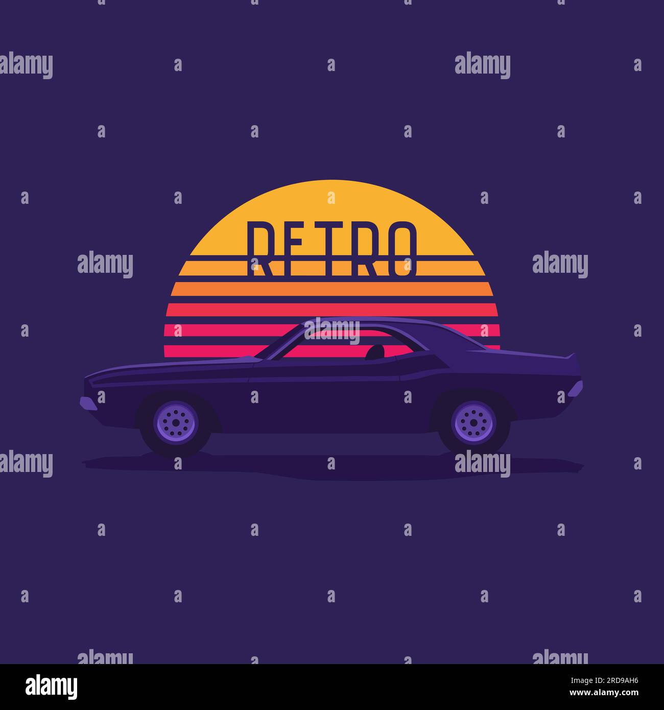 American muscle car on the background of a striped retro sun wave.Vector illustration in the style of the 80s. Stock Vector