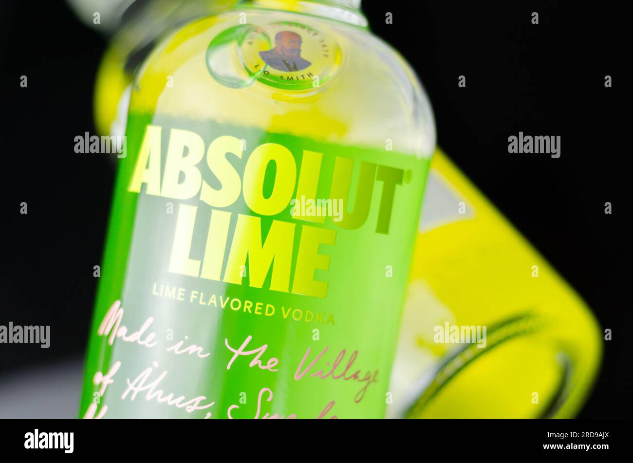 LONDON, UK 11 JULY 2023 Flavored vodkas produced in the famous old distilleries near Ahus in