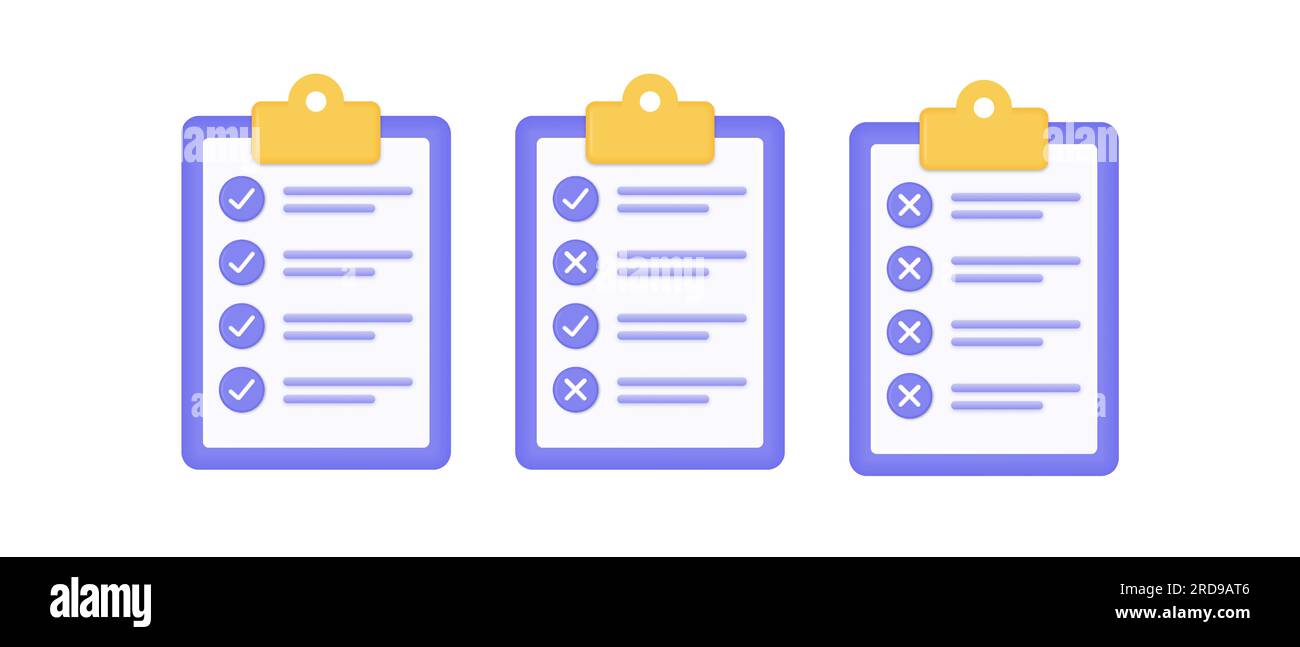 checklist 3d with checkmarks and crosses. the concept of a completed task, work plan, test or exam. vector illustration isolated on white background. Stock Vector