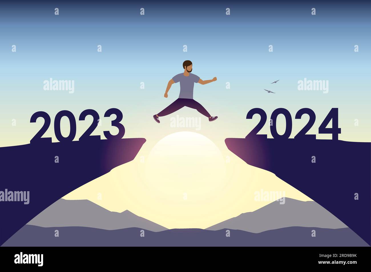 man jumping over a cliff from 2023 to 2024 happy new year Stock Vector