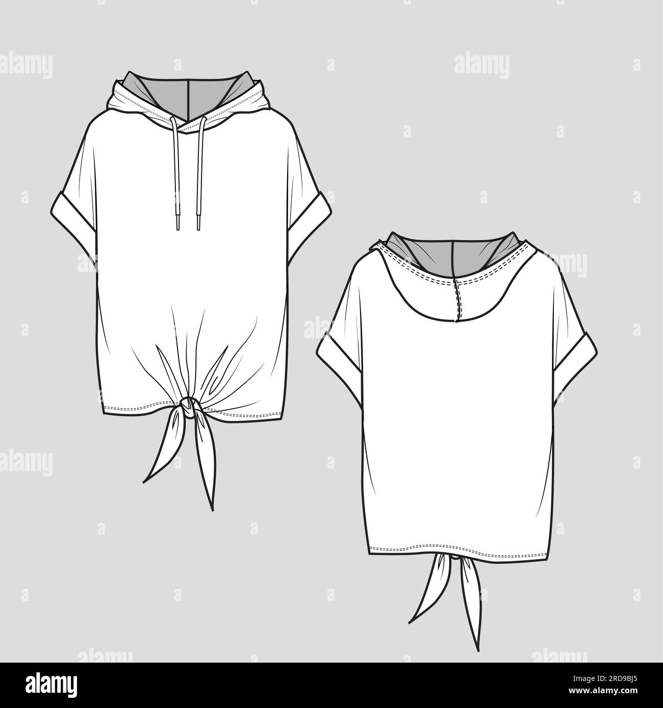 Womens front knotted  sweatshirt roll up sleeve hoodie  fashion flat sketch technical drawing template design vector Stock Vector