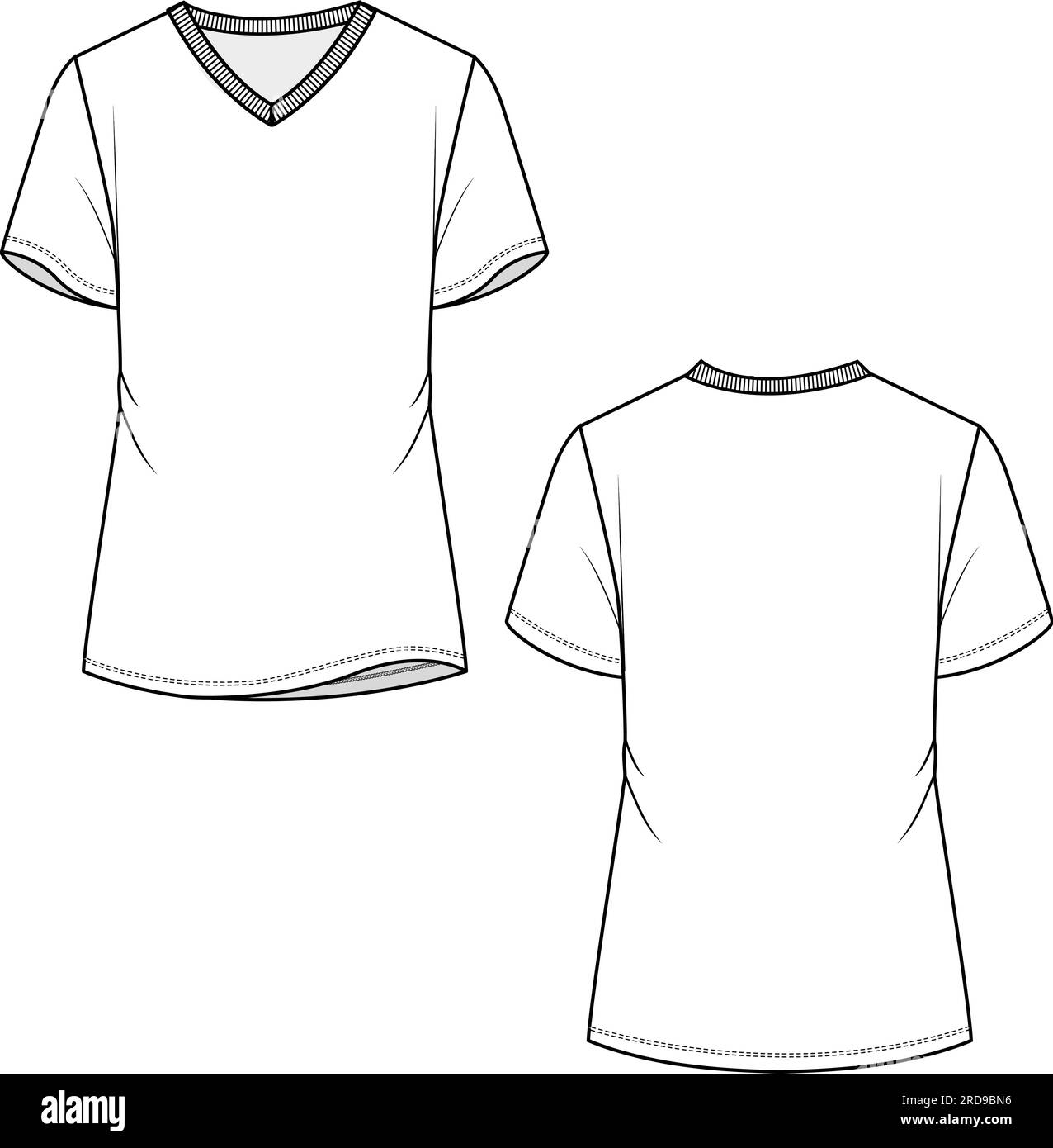 Womens Slim fit V neck t-shirt top short sleeve technical flat sketch ...