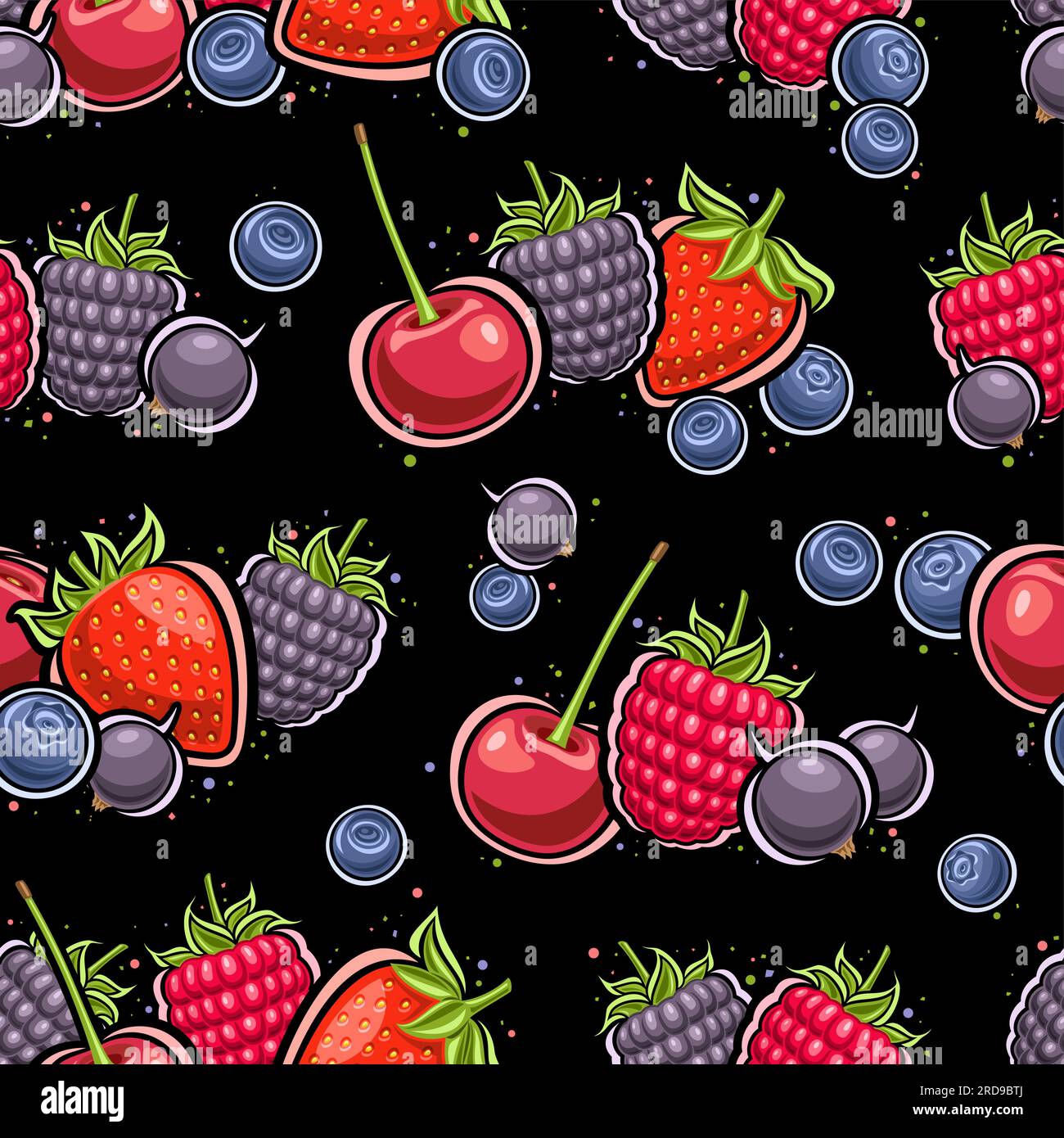 Vector Berry Seamless Pattern, dark repeat background with cut out illustrations of still life composition juicy berries for wrapping paper, square po Stock Vector