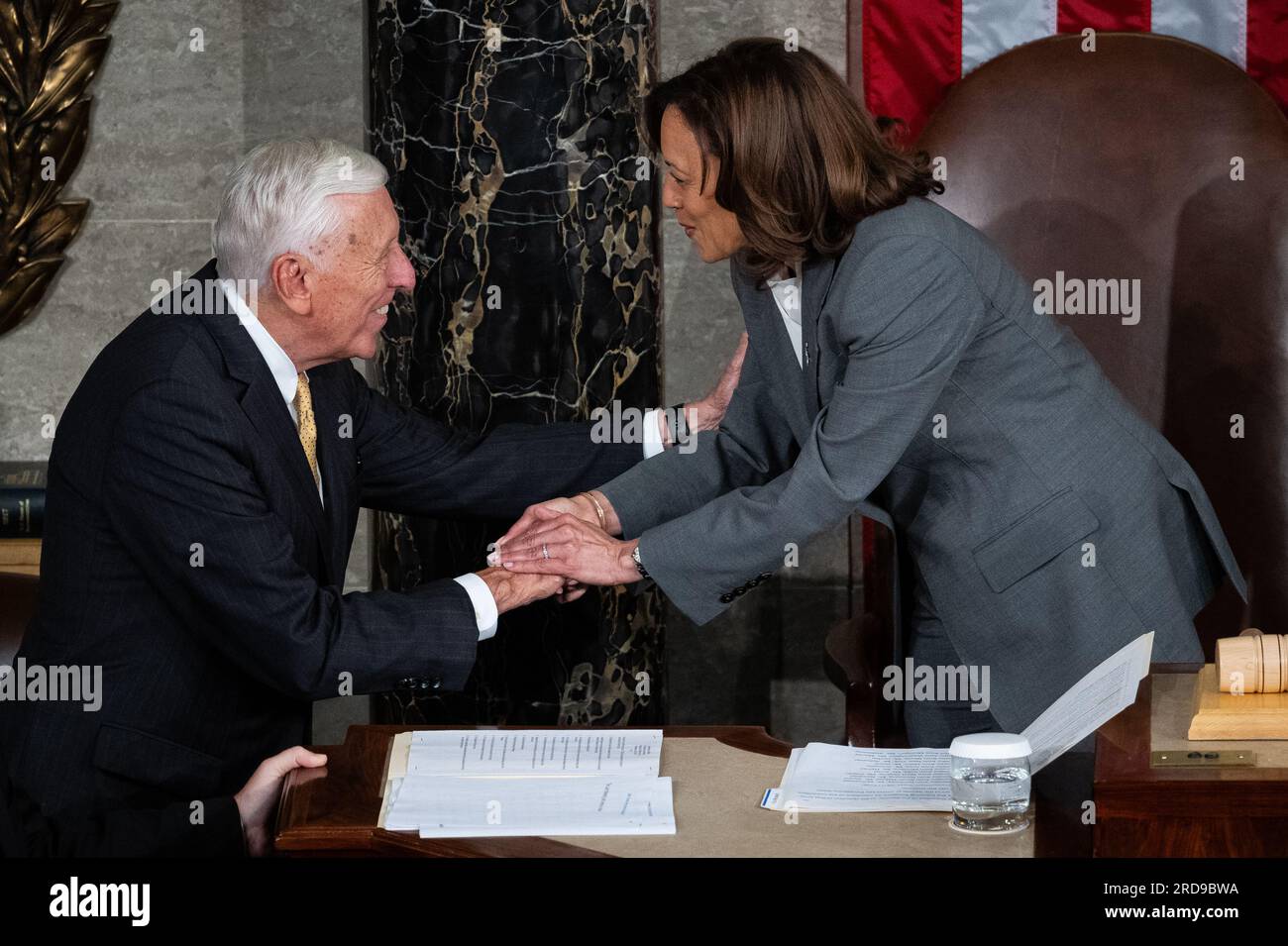 Washington, USA. 19th July, 2023. Representative Stony Hoyer (D-MD) greets Vice President of the United States Kamala Harris before an Address to a Joint Session of Congress by President of Israel Isaac Herzog, in the House Chamber, at the U.S. Capitol, in Washington, DC, on Wednesday, July 19, 2023. (Graeme Sloan/Sipa USA) Credit: Sipa USA/Alamy Live News Stock Photo