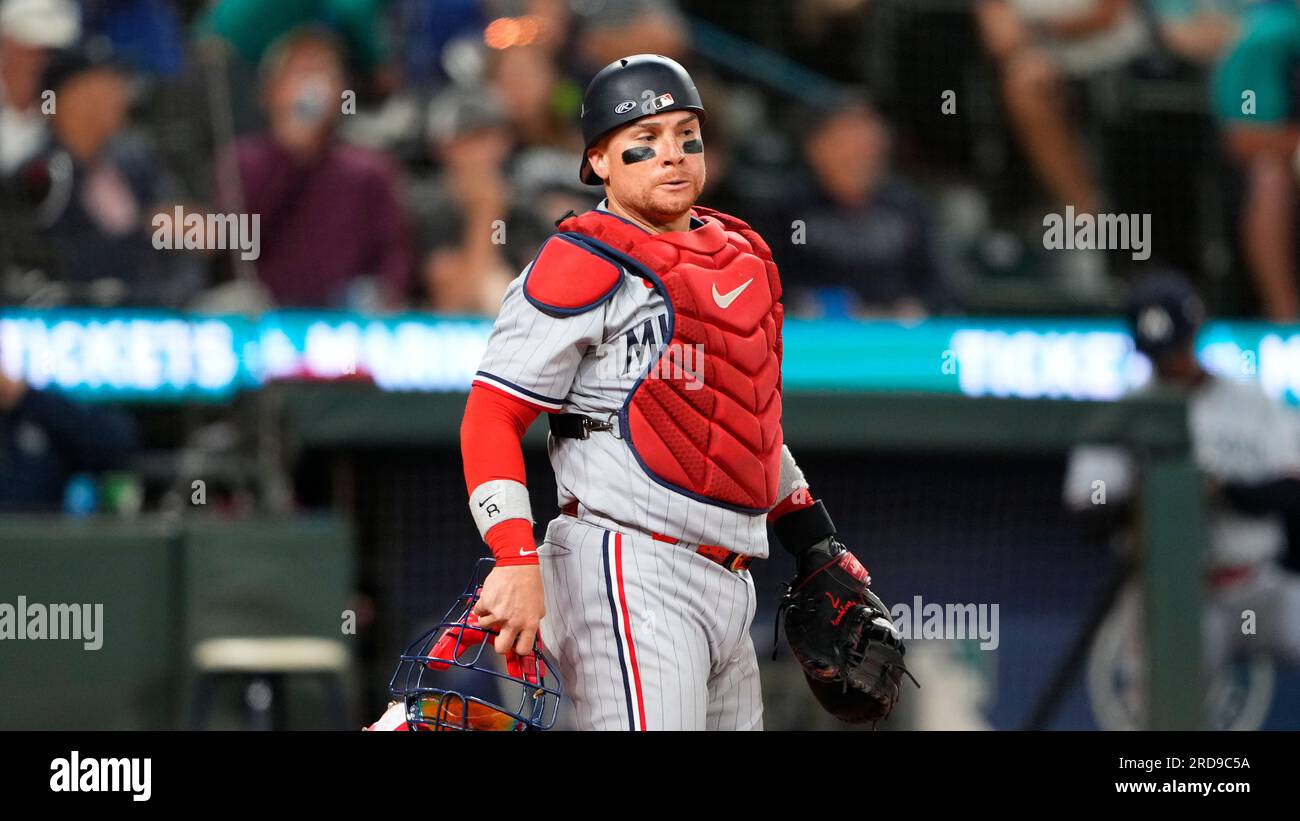 Minnesota Twins catcher Christian Vazquez looks on in between batters