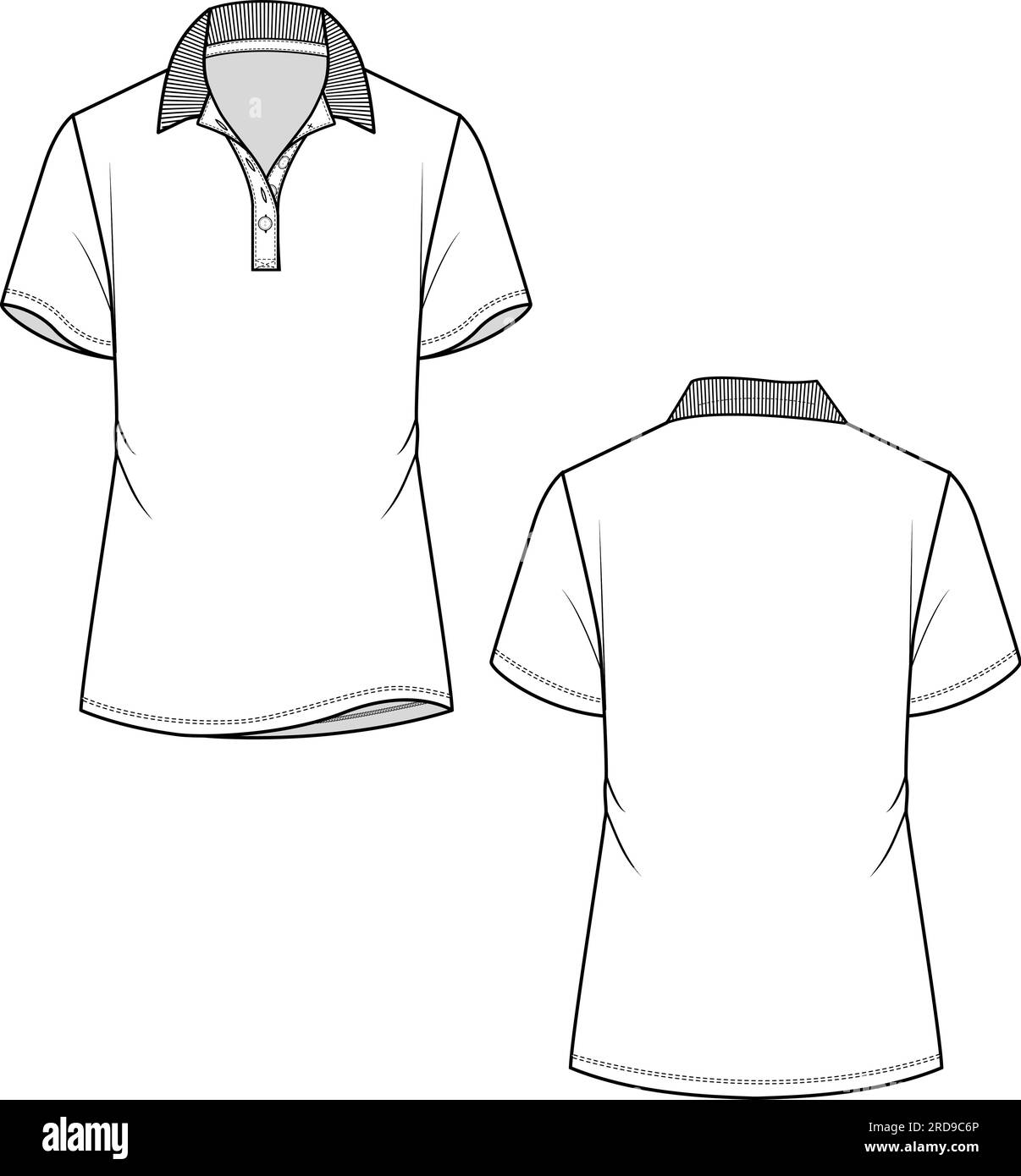 mens short sleeve polo t shirt with half zipper front and back view flat  sketch vector illustration template. cad mockup. Stock Vector | Adobe Stock
