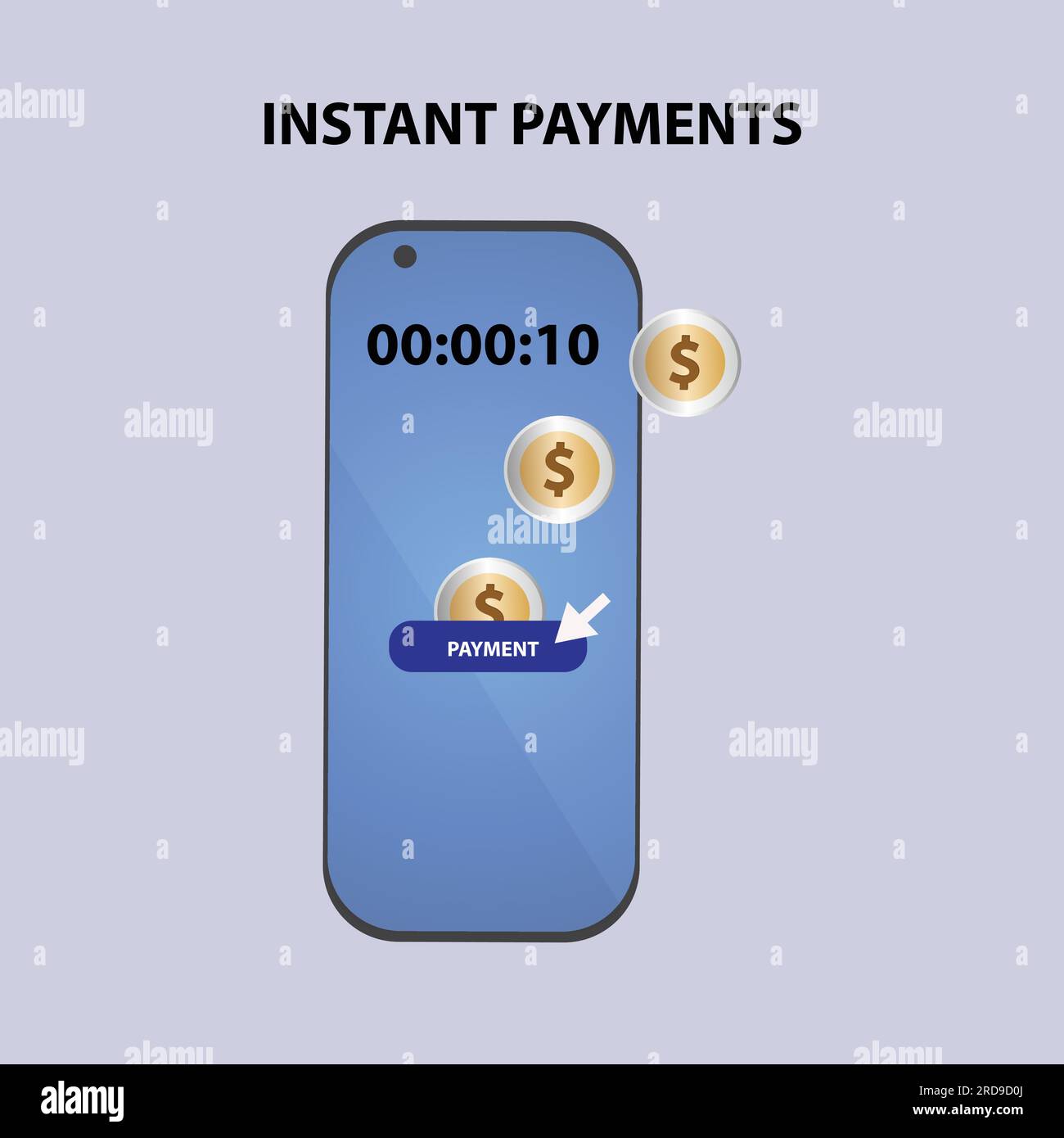 Smart phone with dollar coins and the text instant payments Stock