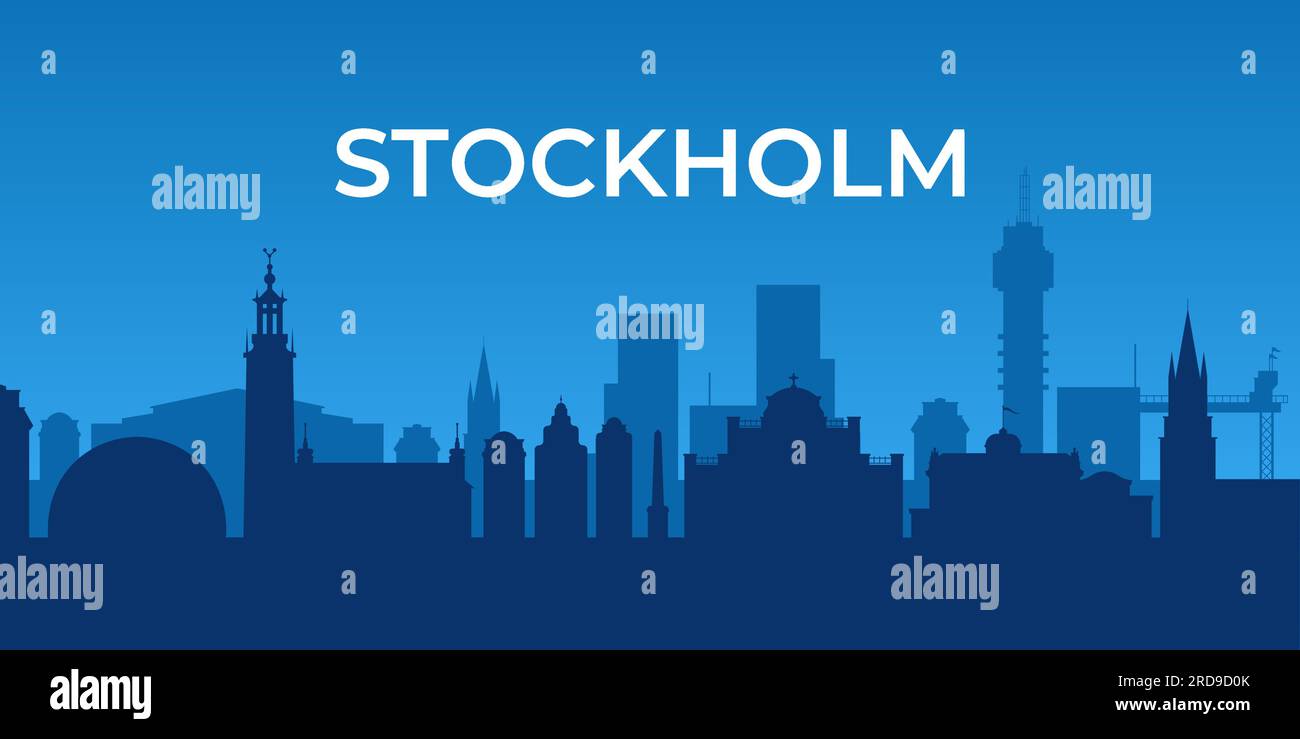 Horizontal banner of Stockholm. Stockholm skyline in blue, Sweden. Vector template for your design or landing page. Stock Vector