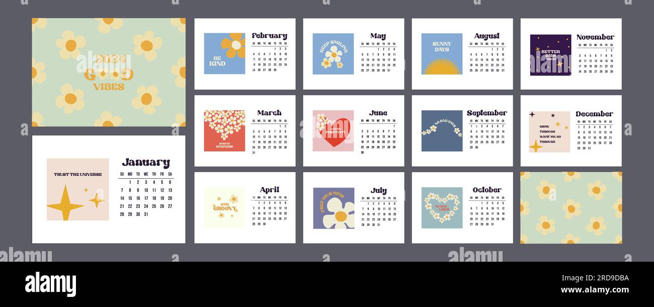 Calendar 2024 template design in Groovy retro style with positive