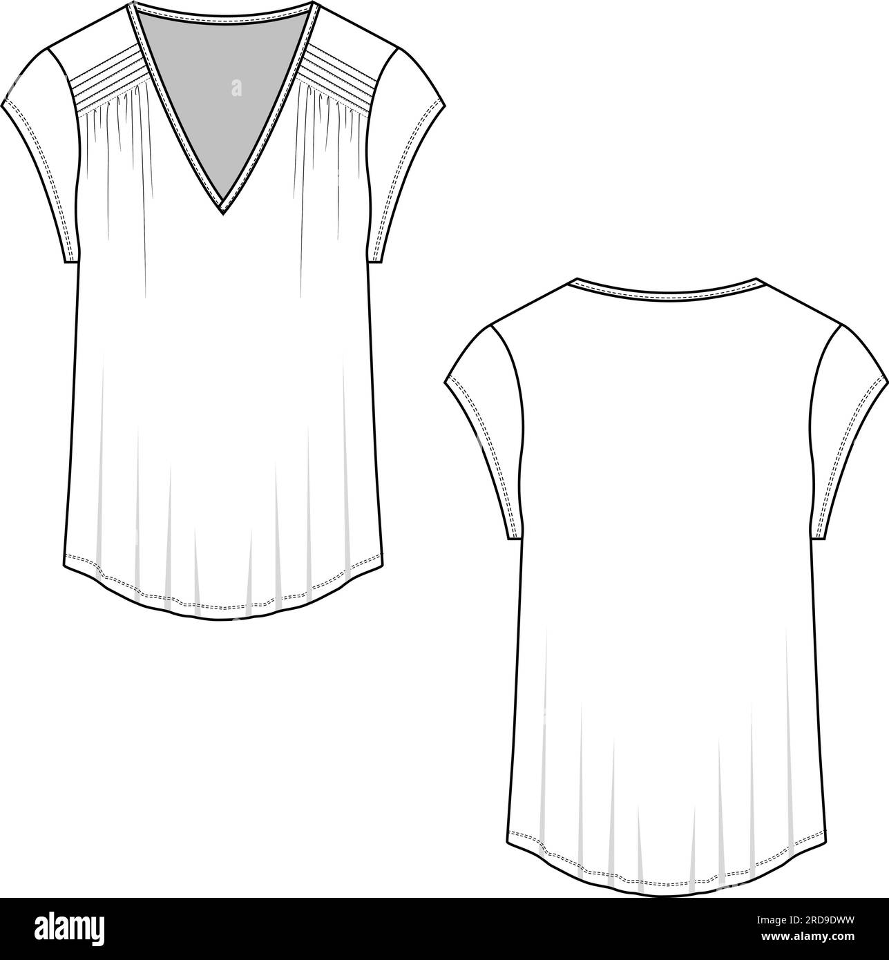 Women Deep v neck Shoulder Pleated Gathering short sleeve t-shirt top flat sketch template drawing Stock Vector