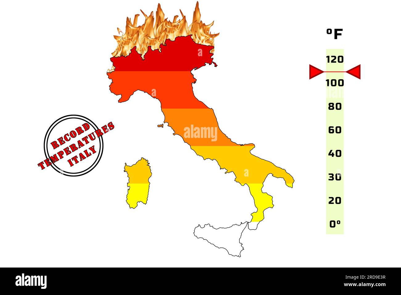 italy, summer temperatures and climate change cause the increase in temperatures to reach maximum peaks. very hot temperatures. 3d graphics Stock Photo