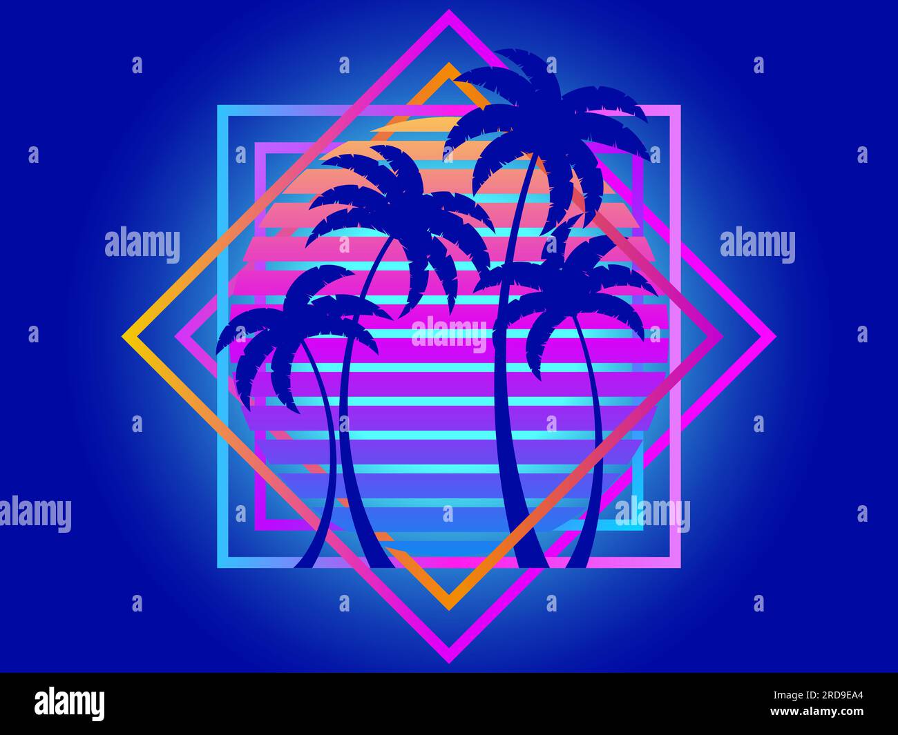 Retro sci-fi palm trees from the 80s at sunset in a square frame. Retro ...
