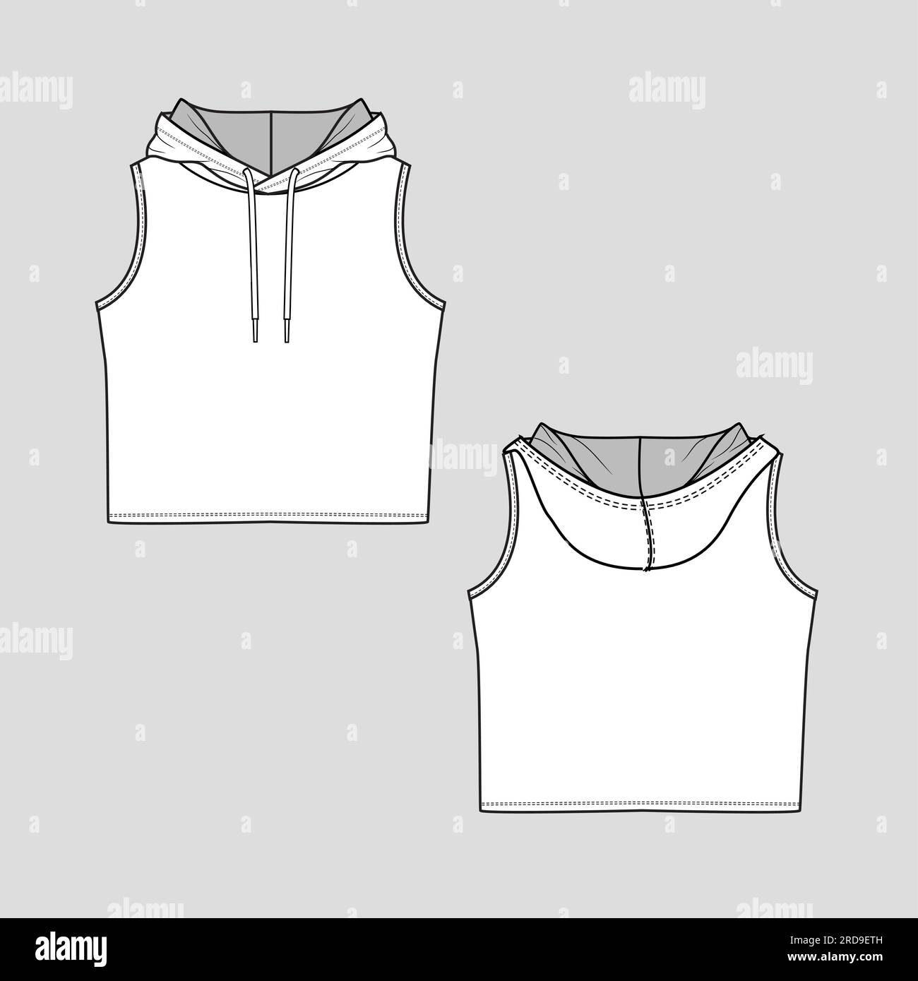 Women sleeveless hooded Crop tank top fashion flat sketch technical drawing design vector Stock Vector